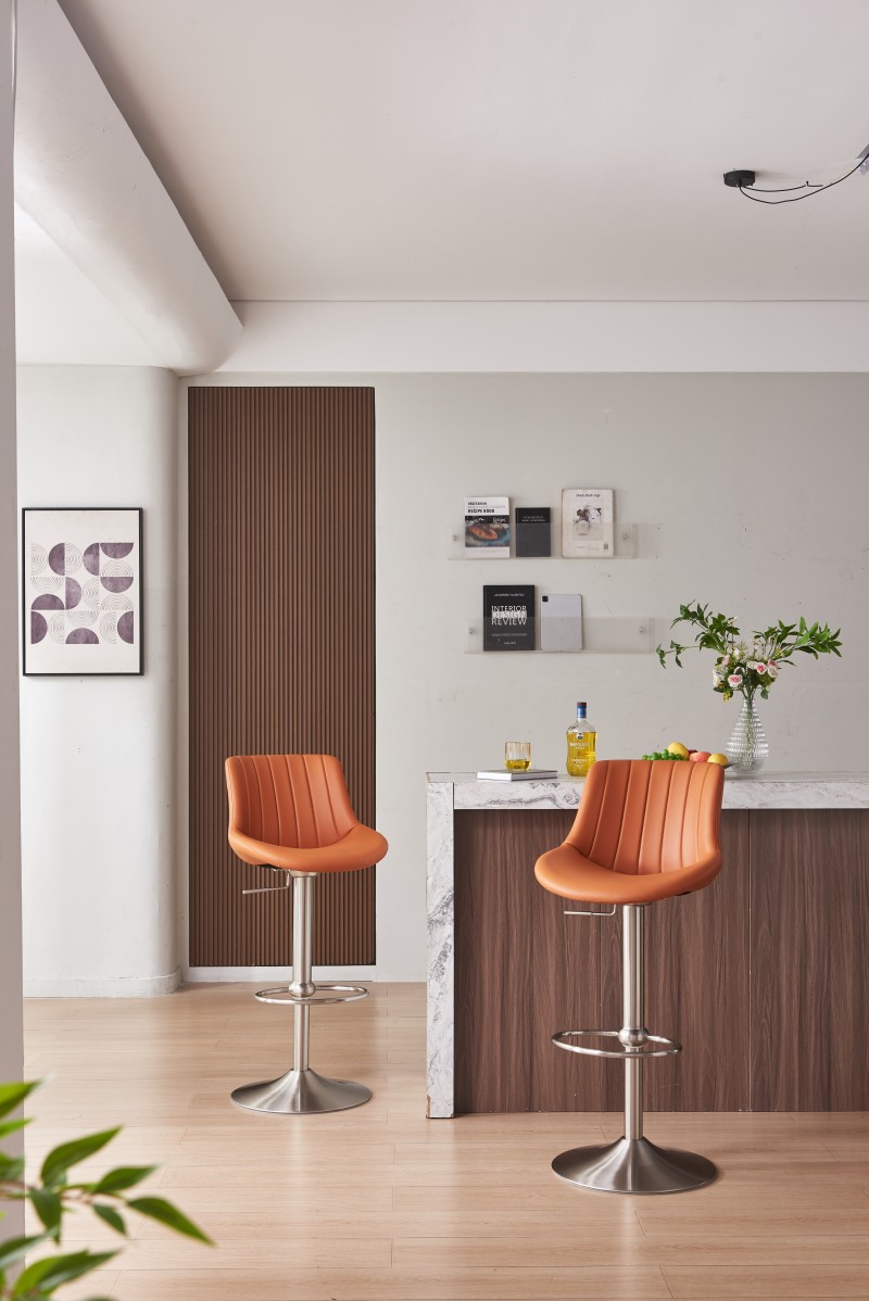 LUXE Adjustable Height Swivel Bar Stool - Modern Orange Faux Leather with Stainless Steel Base